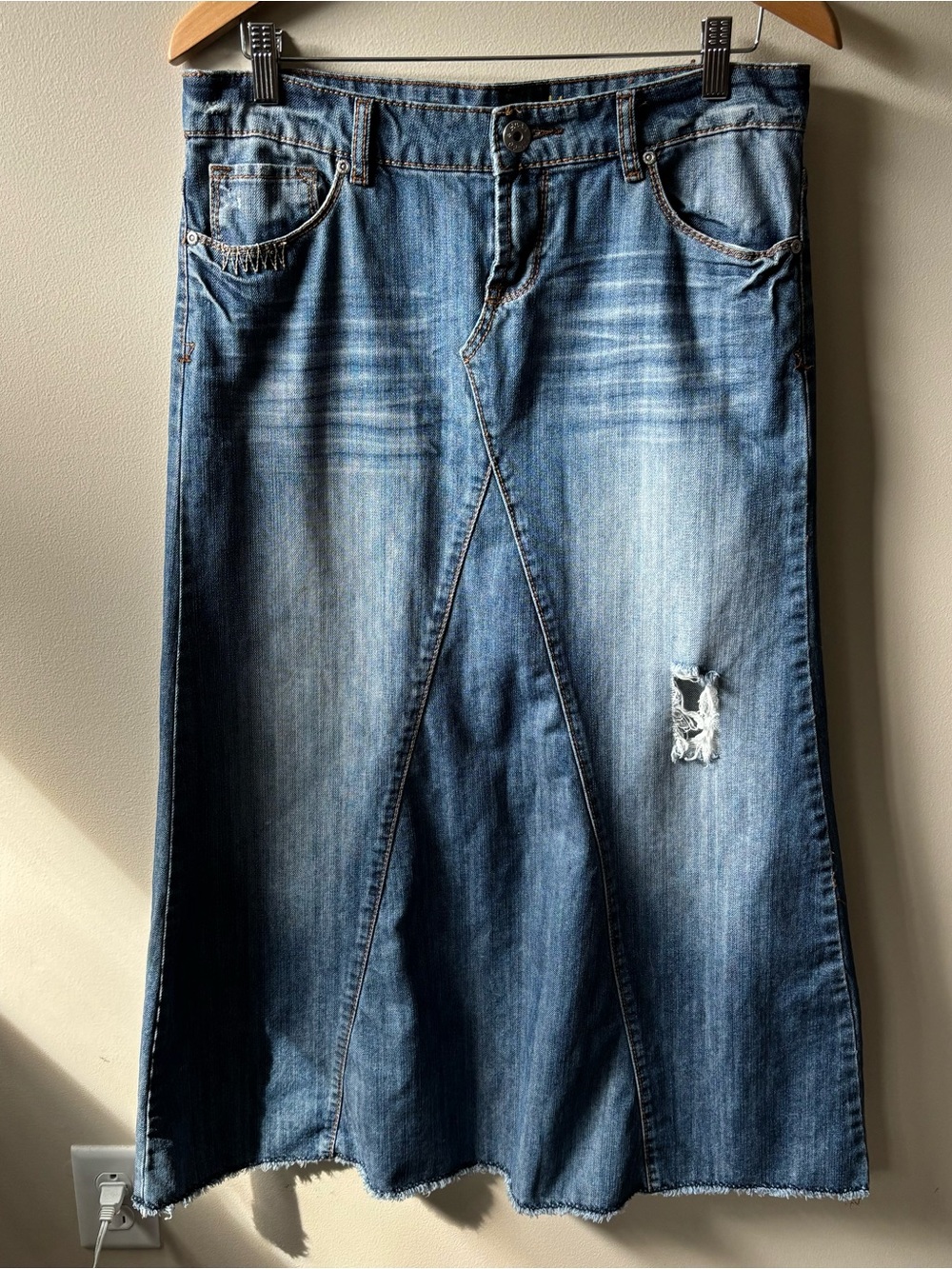 Mudd Y2K Distressed Denim Maxi Skirt
